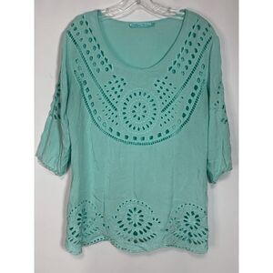 Solitaire Swim Women's Eyelet Swimming Cover Up Top Shirt Teal Green Size Medium